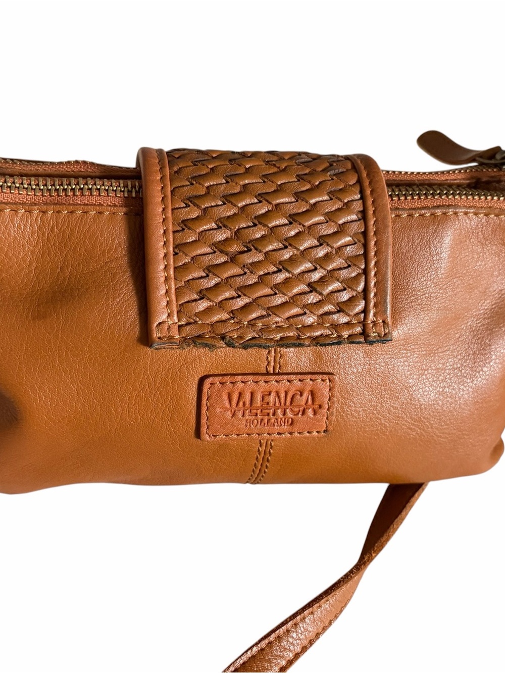 Valencia Holland Woven Detail Tan Leather Wristlet Clutch